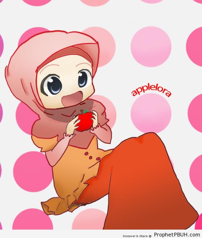 Cute Hijabi Girl Holding Apple (Manga Drawing) - Drawings