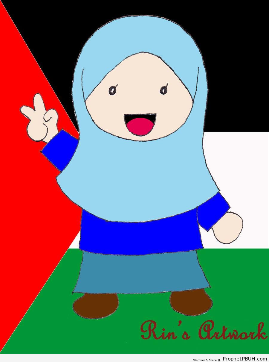Cute Muslimah Drawing on Palestine Flag - Drawings 