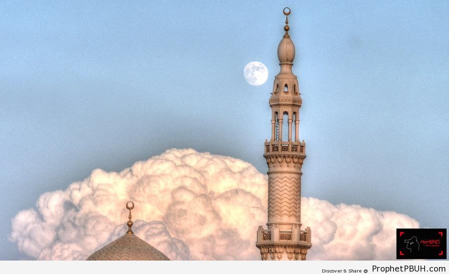 Daytime Full Moon Behind Minaret - Islamic Architecture 