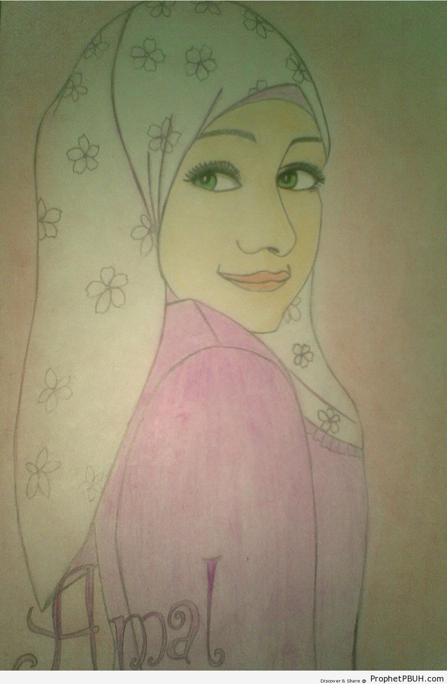 Drawing of Muslimah in Simple Flowery Hijab - Drawings 