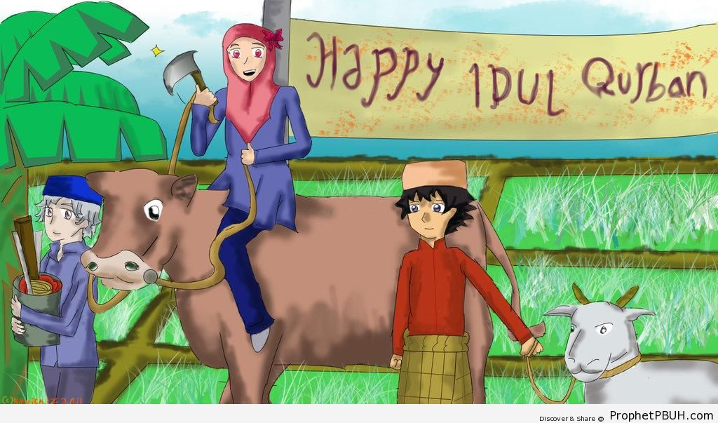 Eid Adha Greeting With Cow and Sheep - Drawings 