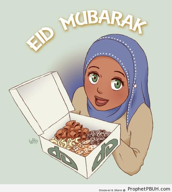 Eid Mubarak Greeting With Anime Girl Offering Sweets - Drawings