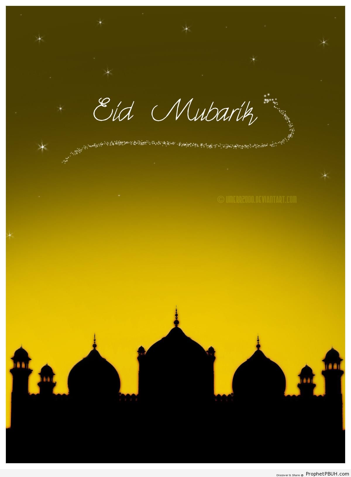 Eid Mubarak Greeting on Evening Mosque Illustration - Drawings of Minarets