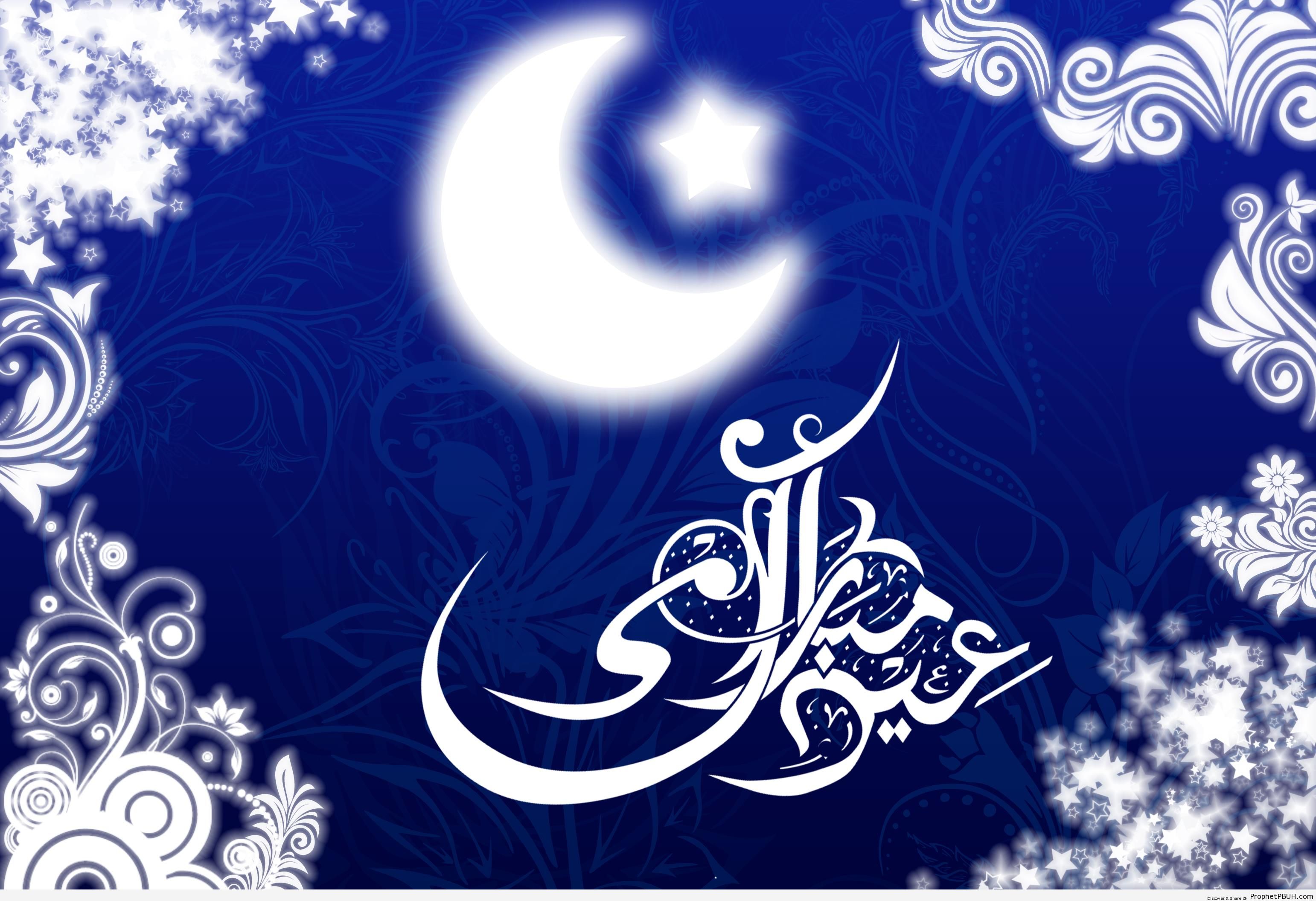 Eid Mubarak Greeting with Crescent Moon and Star on Blue Background - Drawings of Crescent Moons 