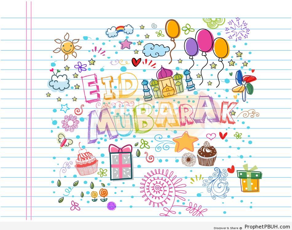 Eid Mubarak Greeting with Drawings of Balloons, Clouds, Cakes, and More - Drawings of Balloons 