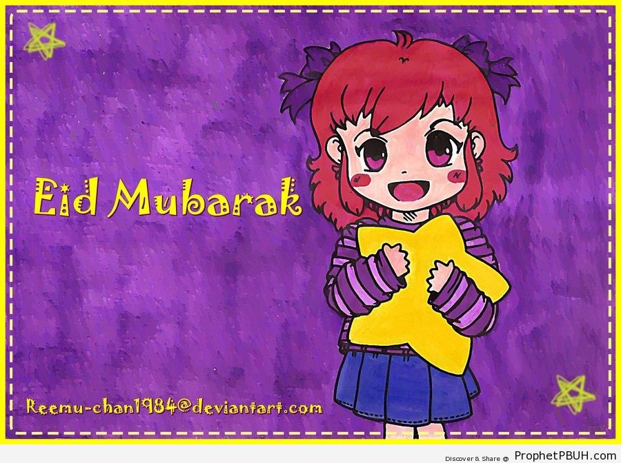 Eid Mubarak Greeting with Little Girl Holding a Star - Drawings of Children 