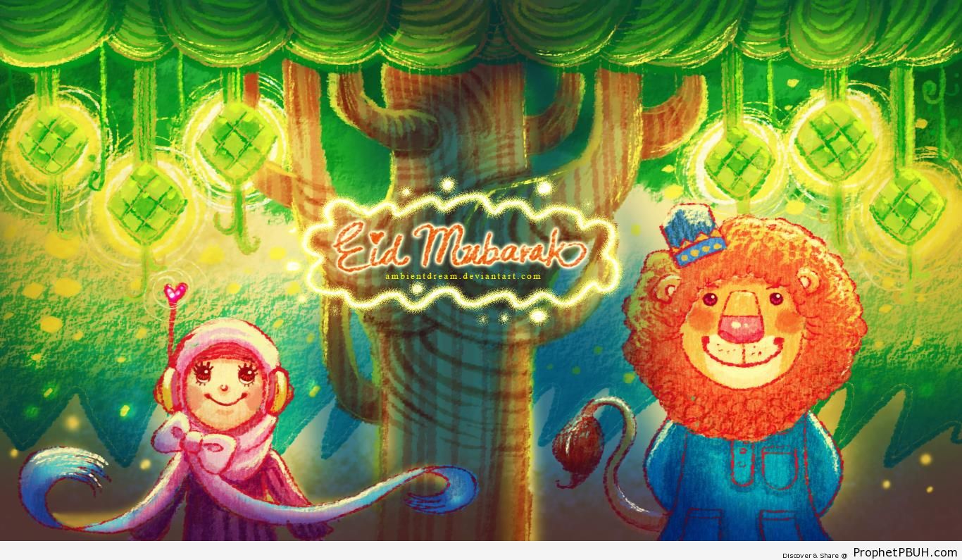 Eid Mubark Illustration with Smiling Muslim Girl and Lion - Drawings 