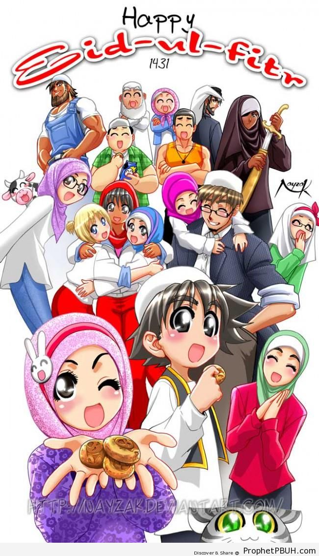 Eid al-Fitr Greeting with Manga-Style Characters - Drawings of Children