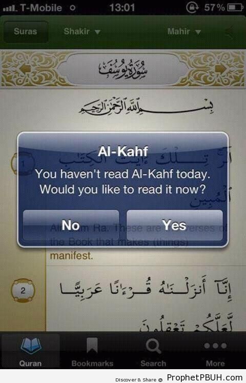 Friday Surat al-Kahf Reminder on Mobile Phone App - Islamic Quotes About Day of Jumu`a (Friday)