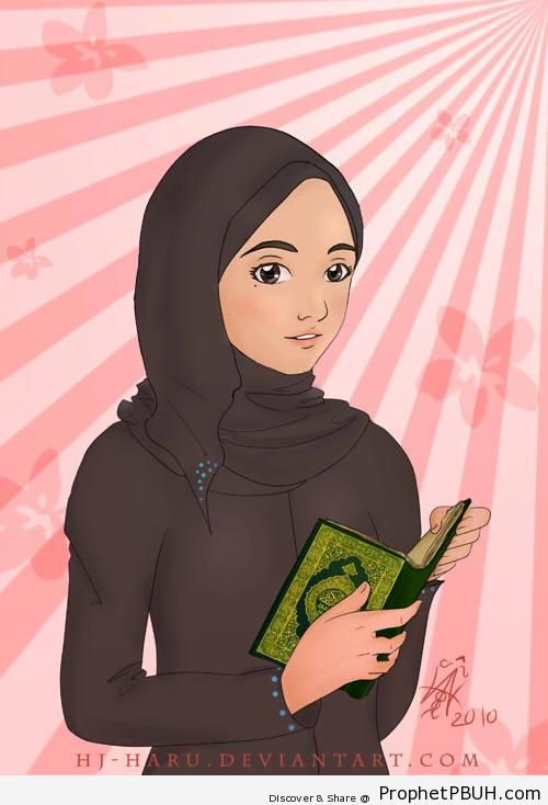Girl With Quran in Calm Reflection - Drawings