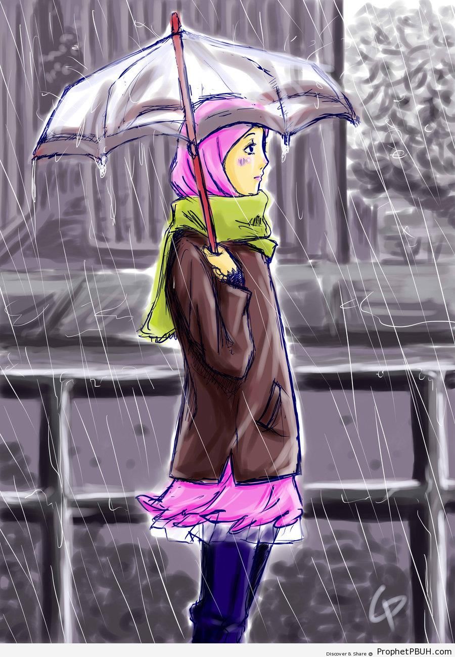 Girl With Umbrella in the Rain - Drawings 