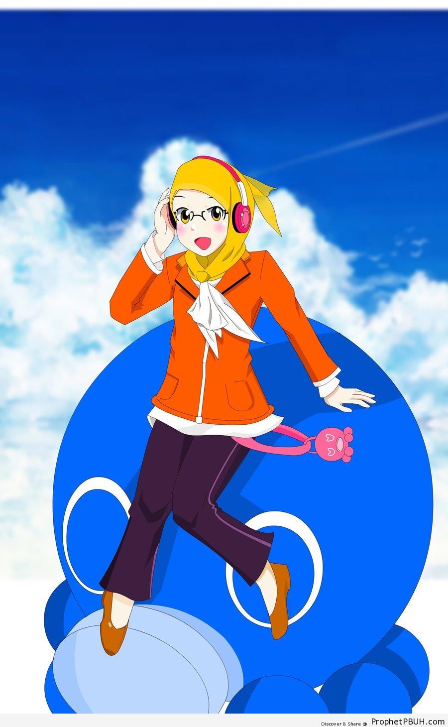 Glasses, Headphones, Yellow Hijab, and Orange Jacket in the Sky - Drawings 