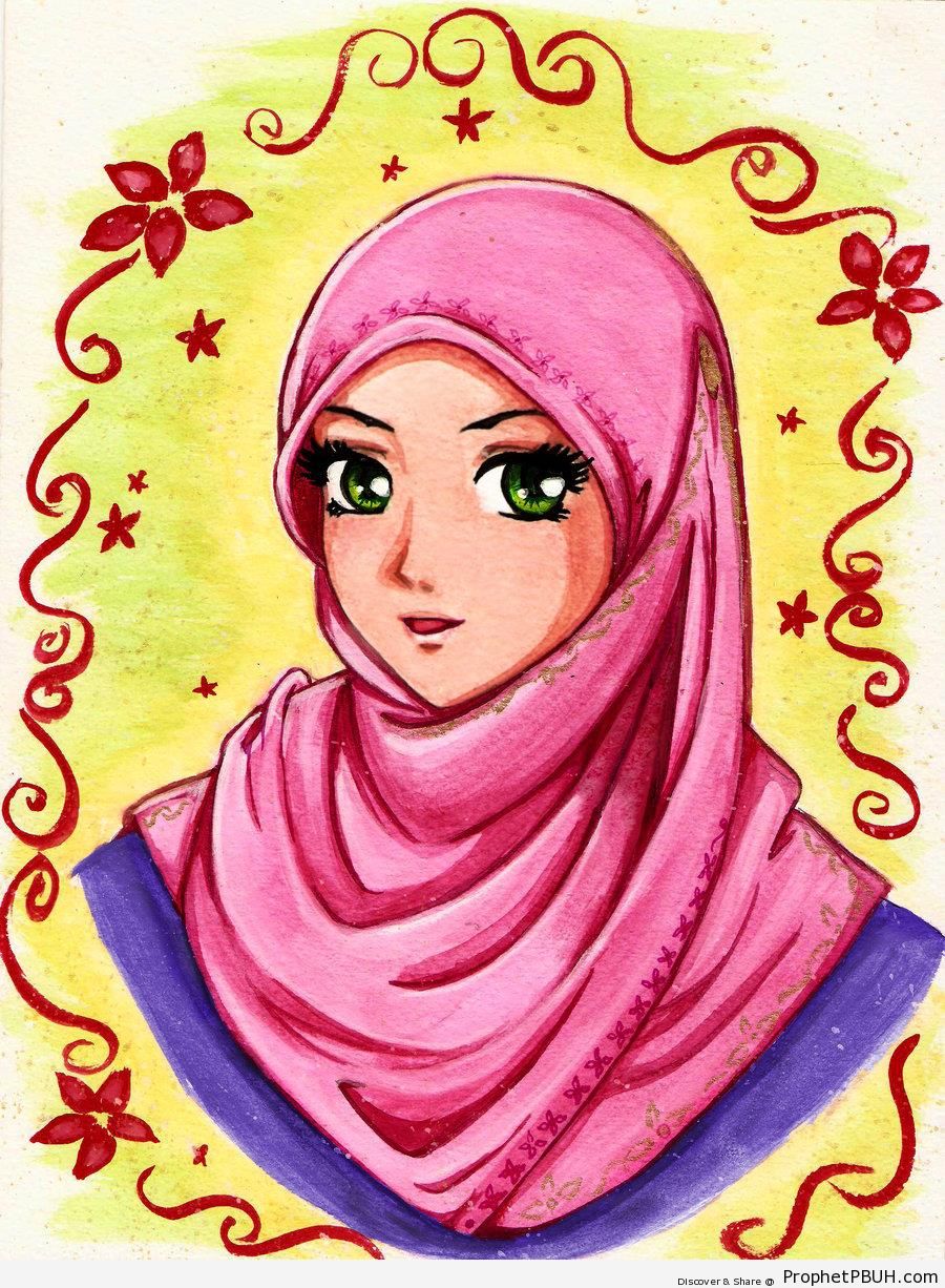 Green Eyes in Pink Hijab (Muslim Girl Painting) - Drawings 