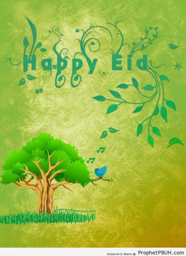Green Happy Eid Greeting with Tree and Leaves - Drawings of Leaves