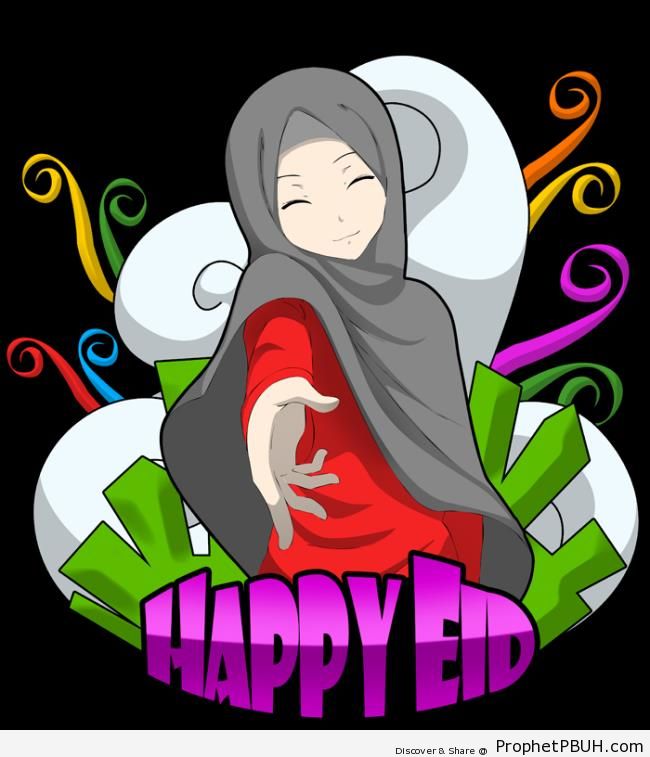 Happy Eid Greeting on Illustration of Smiling Muslim Woman - Drawings of Female Muslims (Muslimahs & Hijab Drawings)