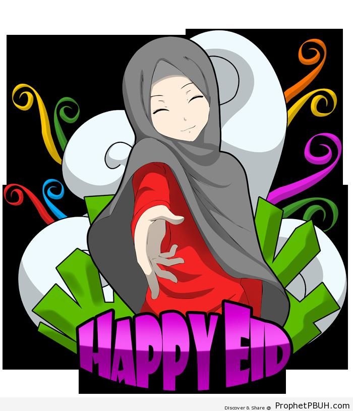 Happy Eid Greeting on Illustration of Smiling Muslim Woman - Drawings of Female Muslims (Muslimahs & Hijab Drawings) 