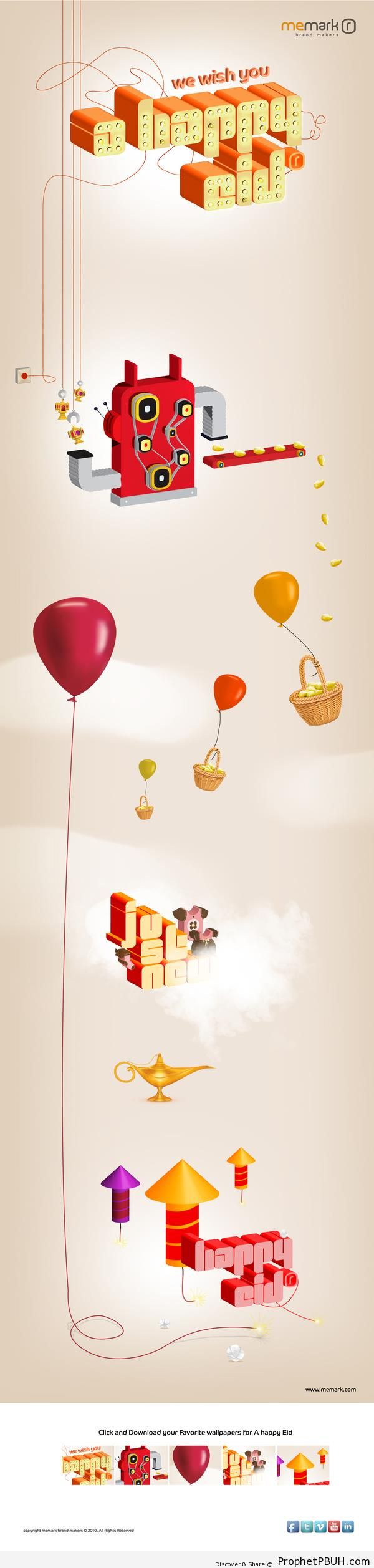 Happy Eid Greeting with Oil Lamp, Balloons, and Fireworks - Drawings of Balloons
