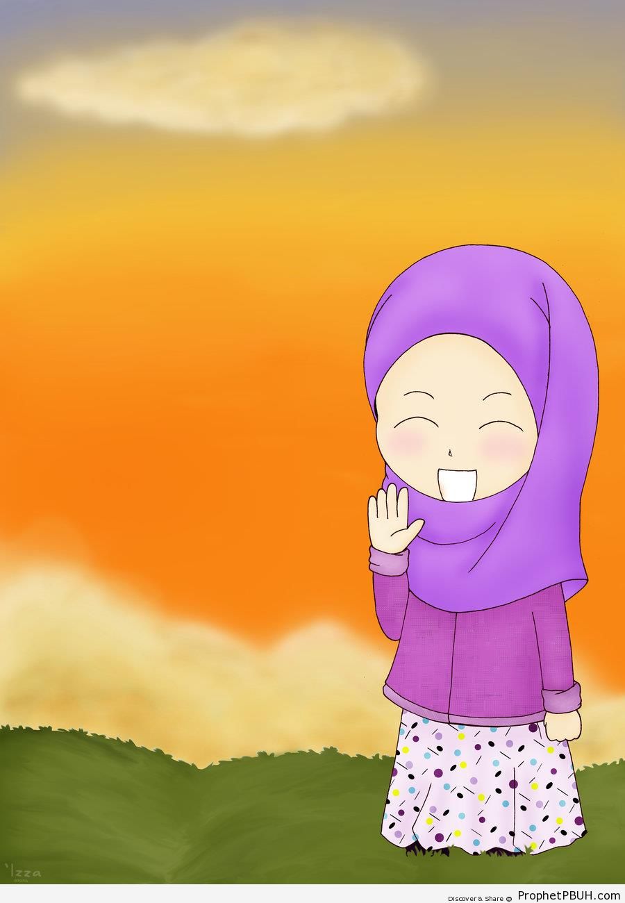 Happy Hijabi Standing in Field (Drawing) - Drawings 