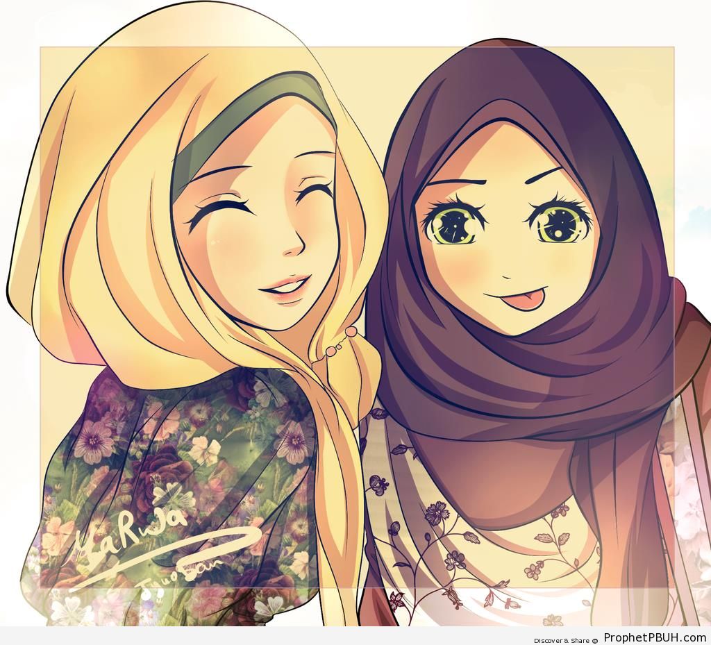 Happy Hijabis (Anime-Style Drawing) - Drawings 
