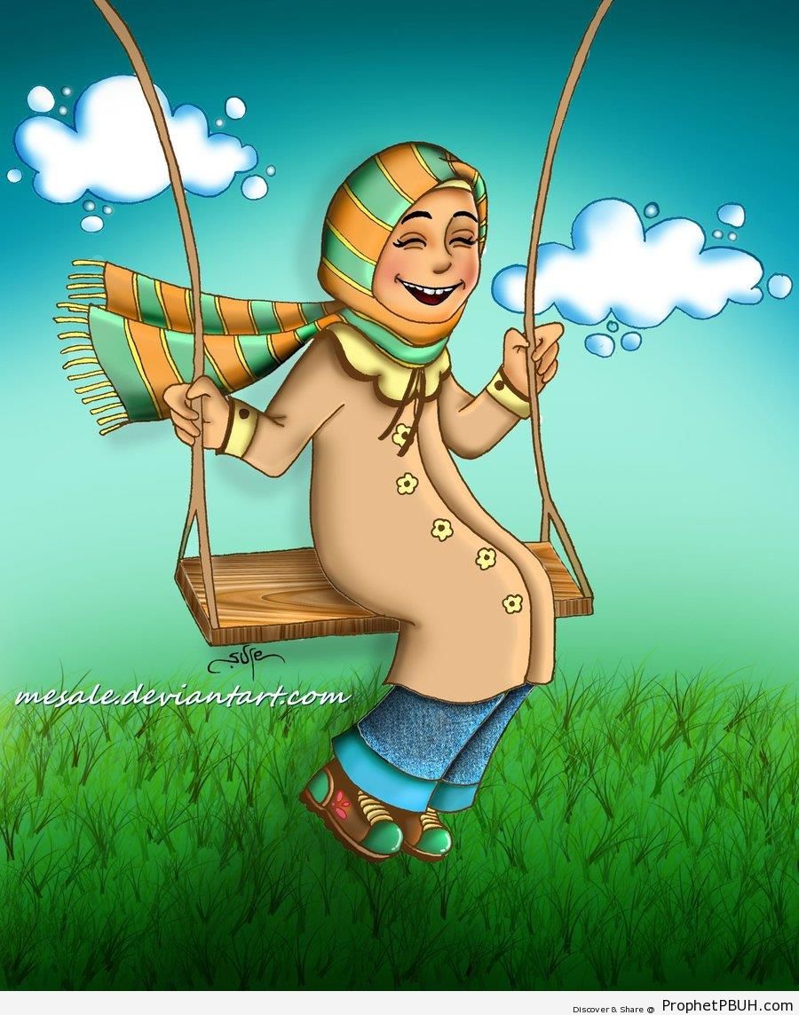 Happy Muslim Girl on Swing - Drawings 