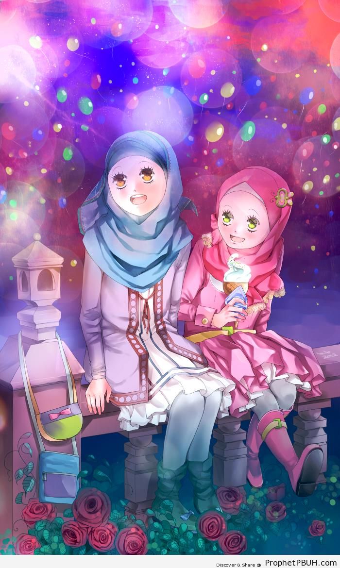 Happy Muslim Girls On Eid Day Manga And Anime Style Drawing Drawings