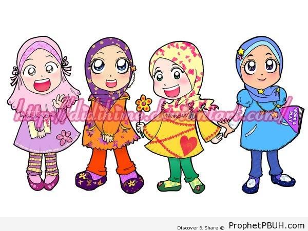 Happy Muslim Little Girls - Drawings