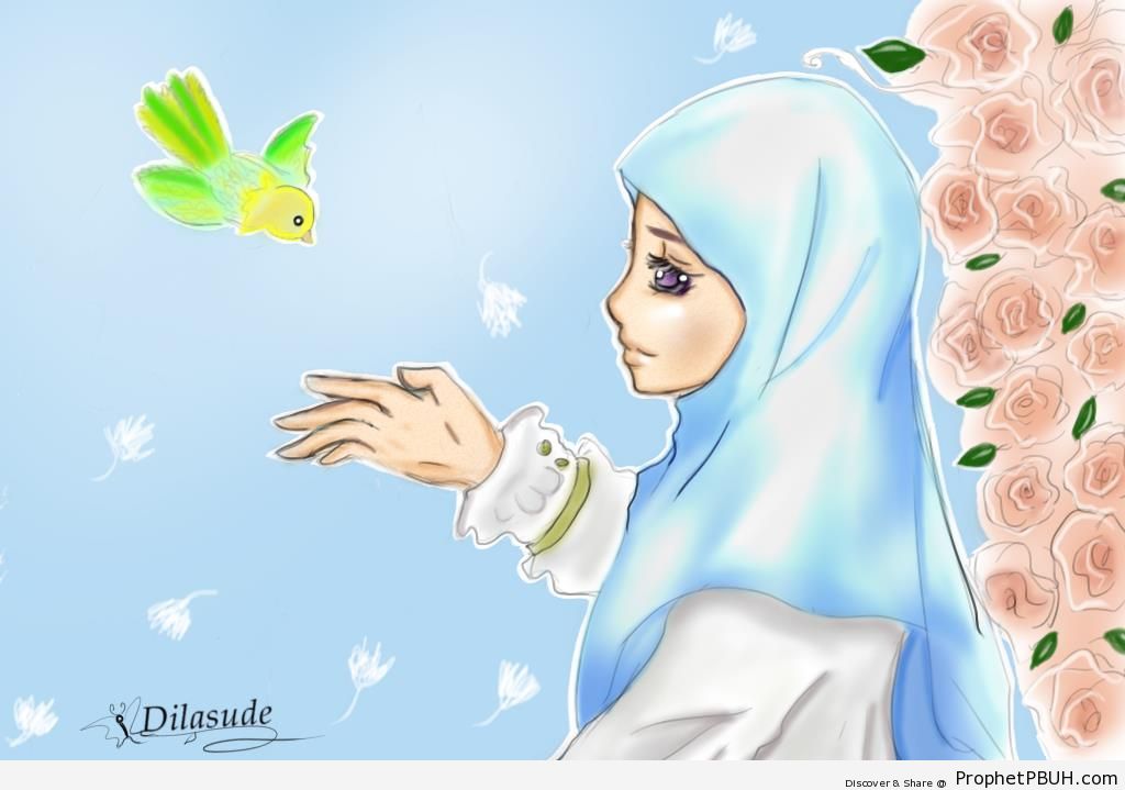 Hijabi Girl With Bird - Drawings 