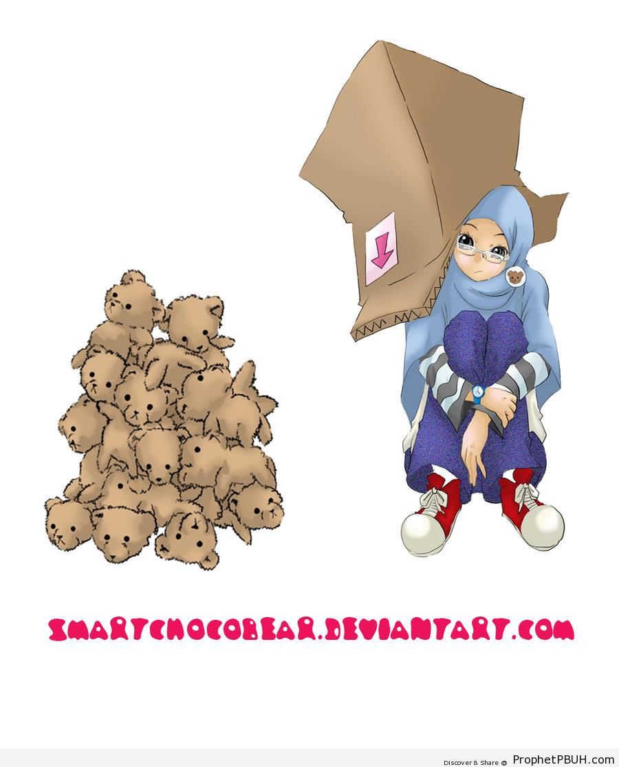 Hijabi Girl With Empty Cardboard Box on Her & Pile of Teddy Bears - Drawings 
