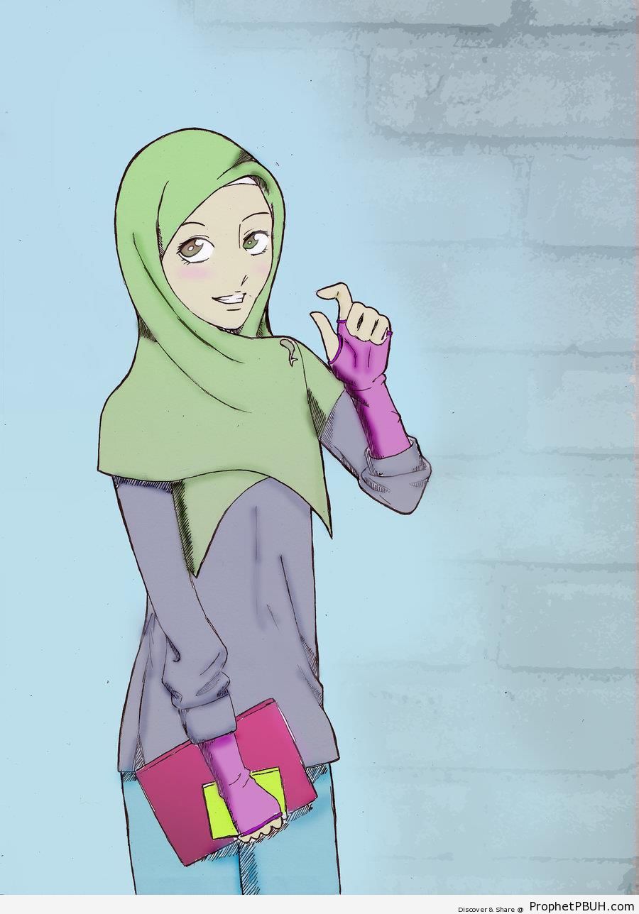 Hijabi Girl With Fingerless Gloves and Book - Drawings 