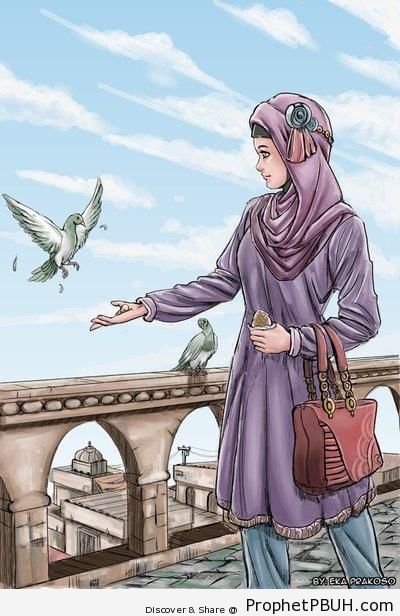 Hijabi Girl and Pigeons - Drawings