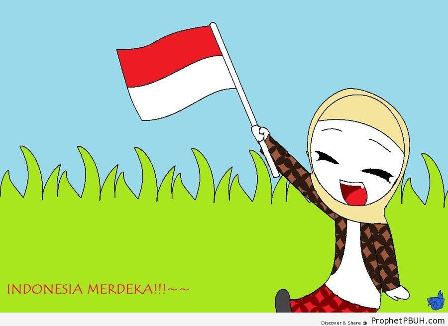 Hijabi Indonesian With Indonesia Flag - Drawings 