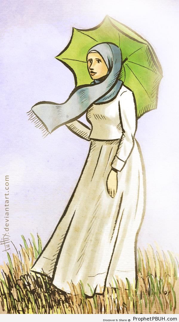 Hijabi Lady With Umbrella (Drawing) - Drawings