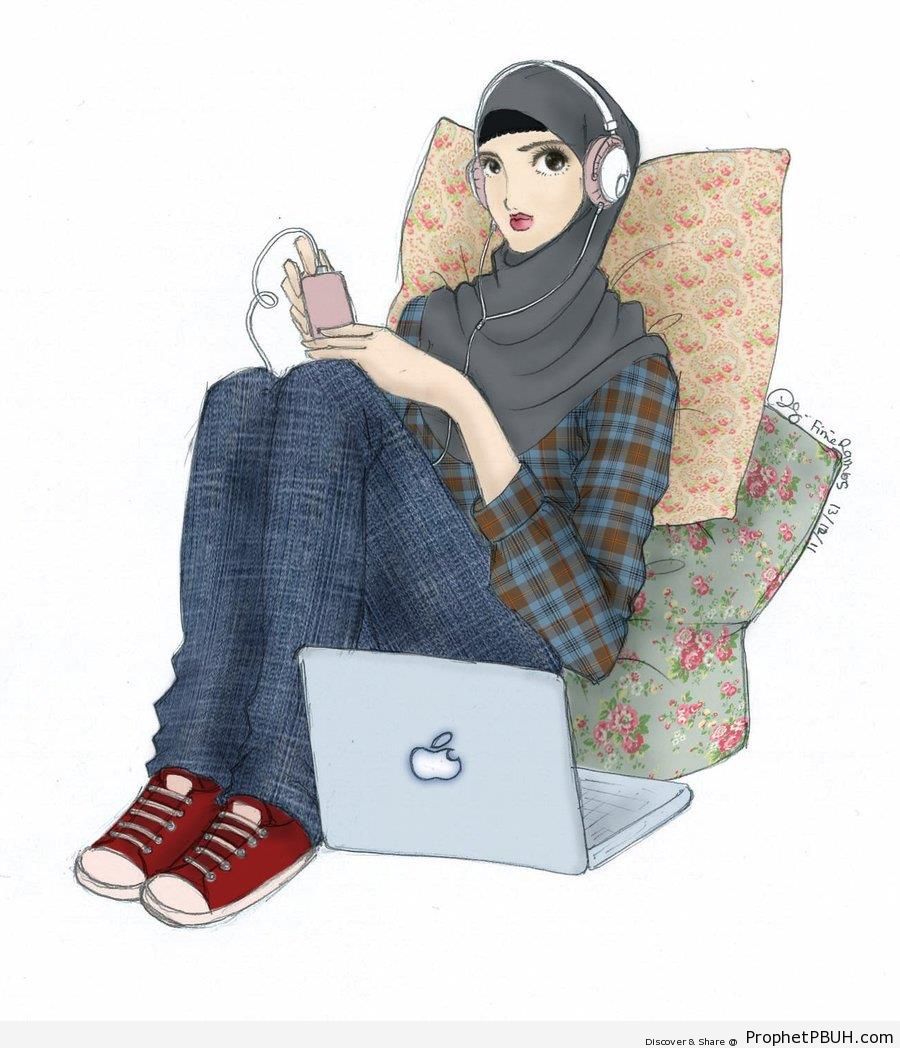 Hijabi, Mac, iPod, and Headphones - Drawings 