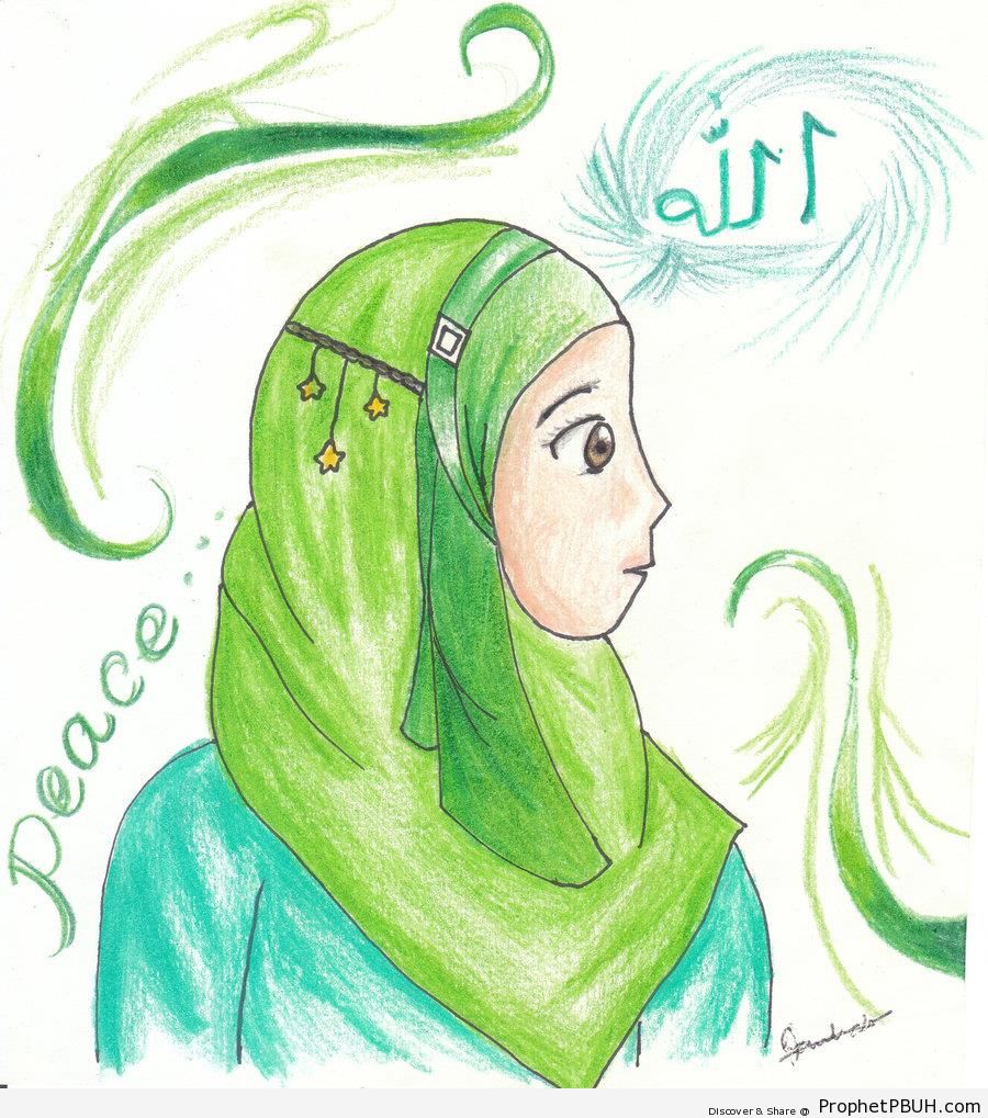 Hijabi Muslim Girl Drawing With the Words -Allah- and -Peace- - Home Â» Drawings Â» Hijabi Muslim Girl Drawing With the Words -Allah- and -Peace- 
