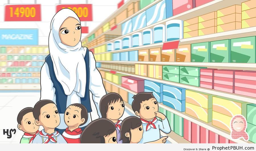 Hijabi Muslimah Teacher With Students - Drawings 