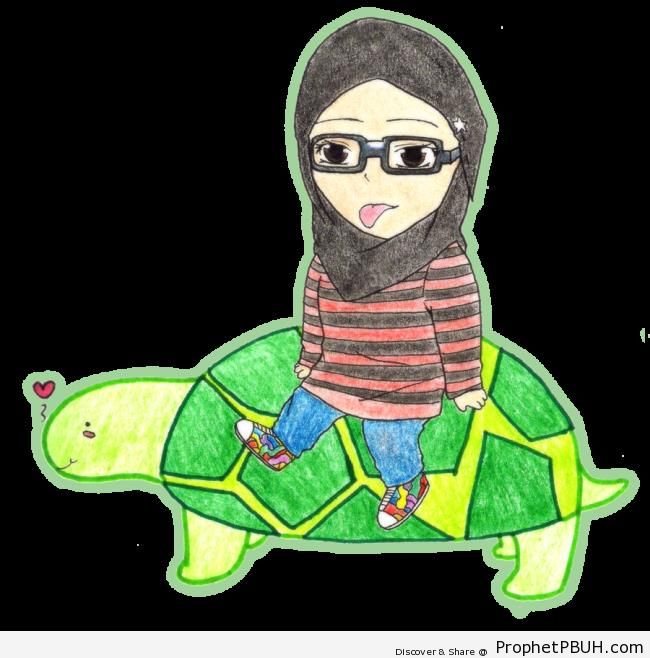 Hijabi Riding Turtle - Drawings