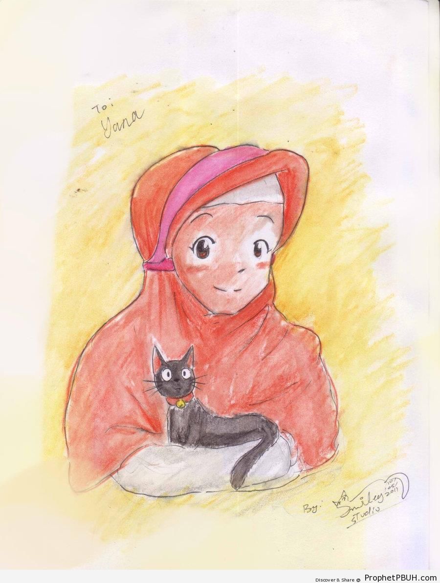 Hijabi With Cat - Drawings 
