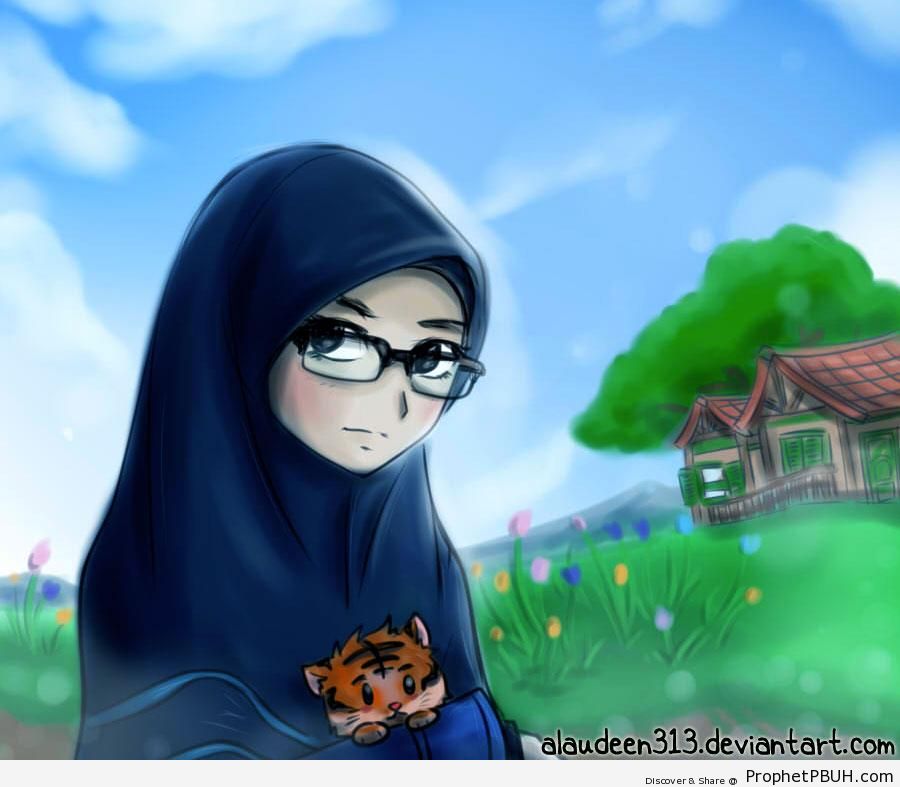 Hijabi and Her Cat - Drawings 