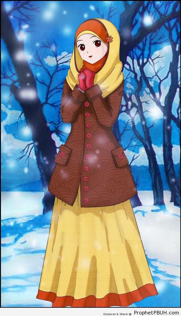 Hijabi in Winter Clothing- Jacket, Skirt, and Gloves - Drawings