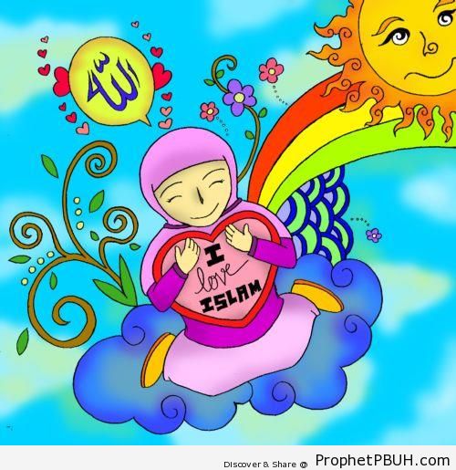 I Love Islam Poster With Muslim Girl, Rainbow, Sun, and Flowers - -I Love Islam- Posters