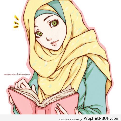 Illustration of Muslim Woman in Hijab Reading the Quran - Drawings