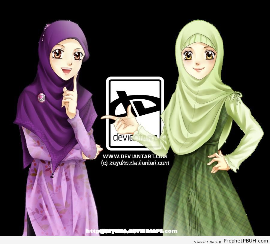 Illustration of Two Muslim Women in Hijab - Drawings of Female Muslims (Muslimahs & Hijab Drawings) 