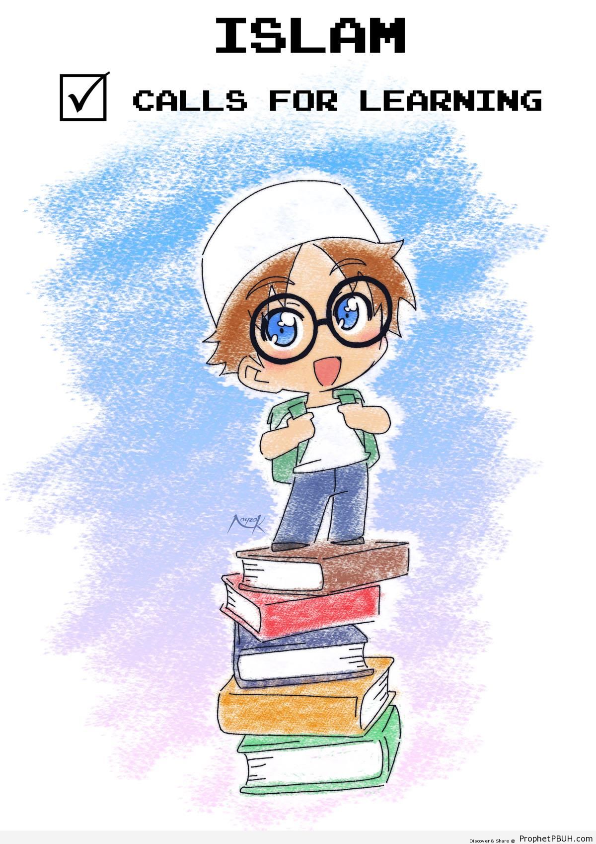 Islam Calls for Learning- (Little Boy on Stack of Books) - Chibi Boy Drawings 