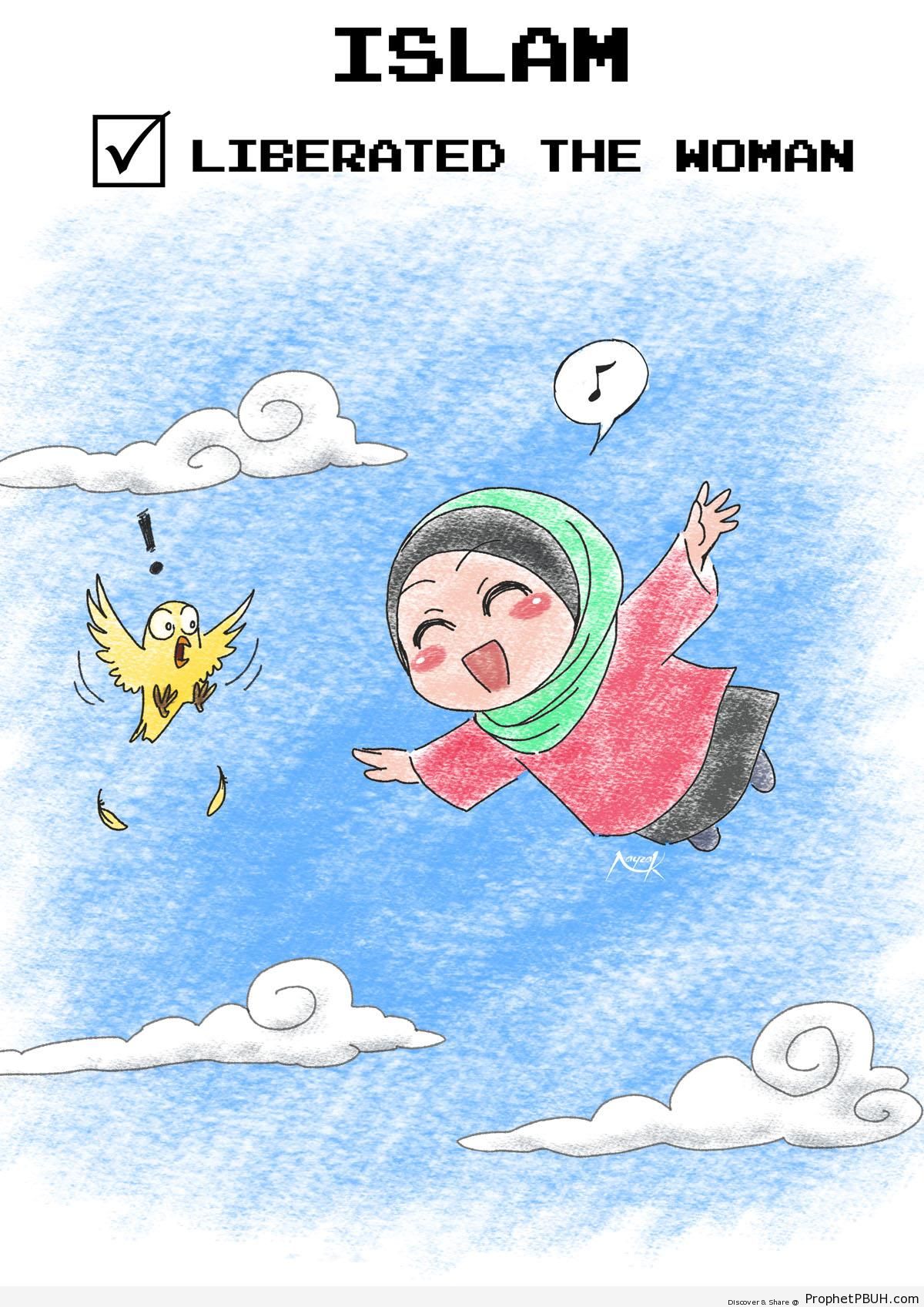 Islam Liberated the Woman (Poster With Happy Chibi Muslimah Drawing) - Chibi Drawings (Cute Muslim Characters)
