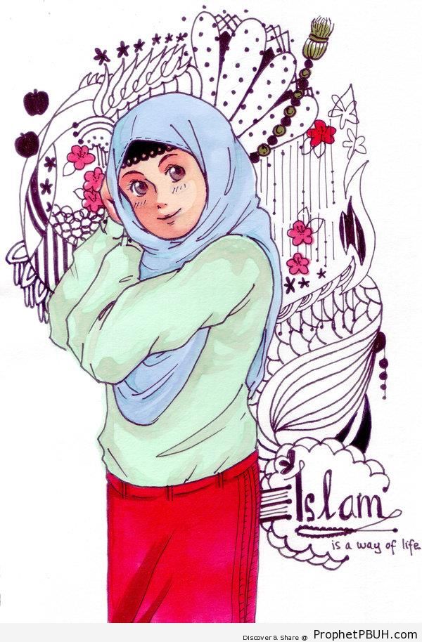 Islam is a Way of Life (Poster With Anime Muslimah Drawing) - -Islam is a Way of Life- Posters