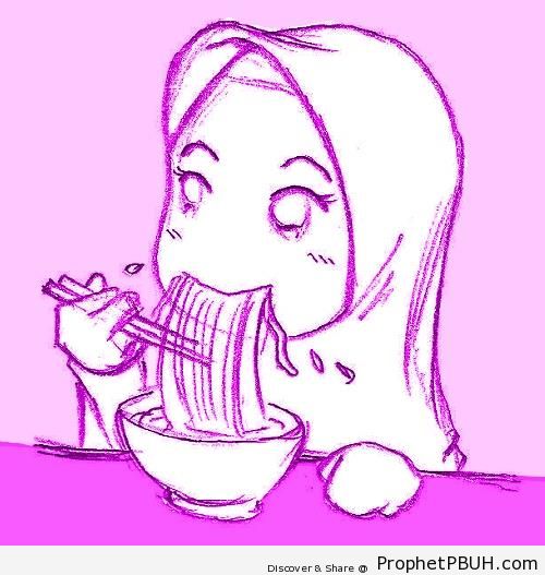 Little Girl Eating Noodles - Chibi Drawings (Cute Muslim Characters)