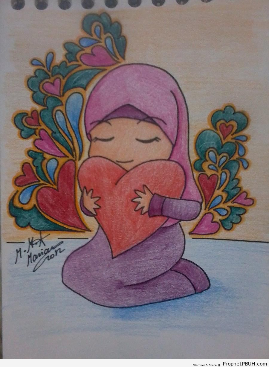 Little Hijabi & Her Heart - Chibi Drawings (Cute Muslim Characters) 