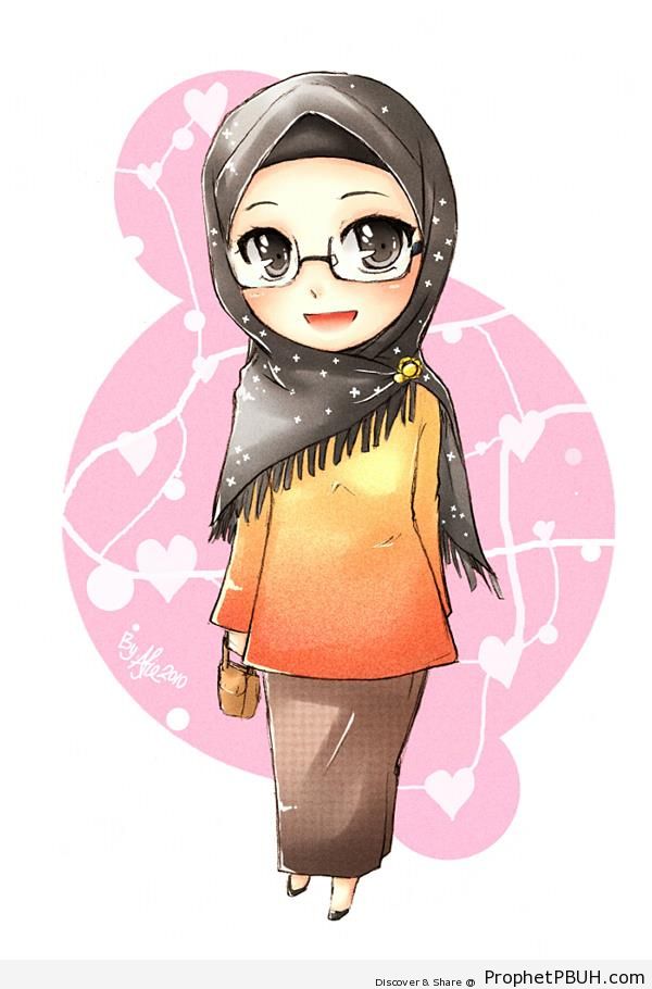 Little Muslimah Woman in Hijab and Glasses - Drawings