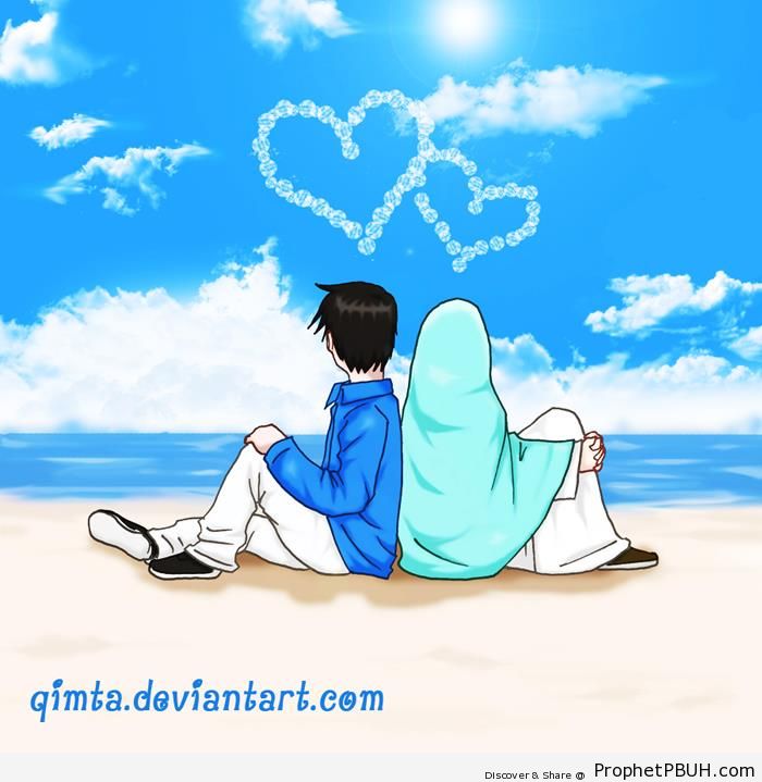 Loving Muslim Couple on the Beach - Drawings 