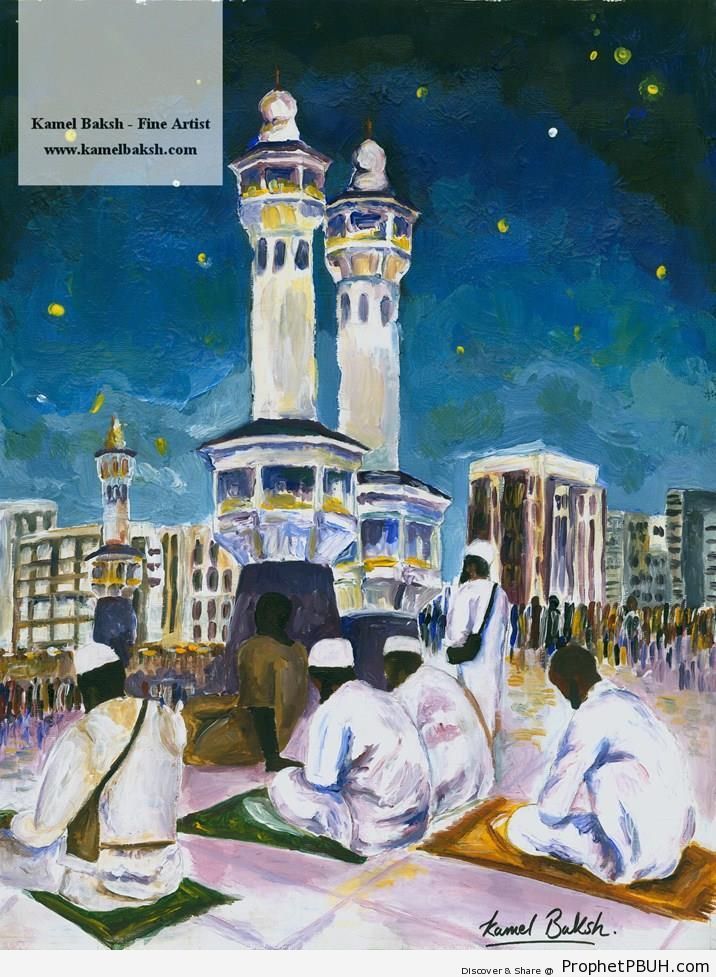Makkah Night (Painting by Kamel Baksh) - al-Masjid al-Haram in Makkah, Saudi Arabia -Picture